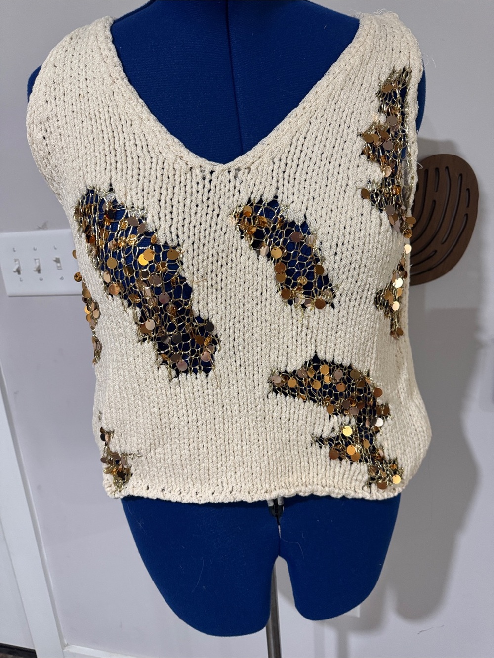 Zara Cream Knit V-Neck Crop Tank with Gold Sequin Clusters